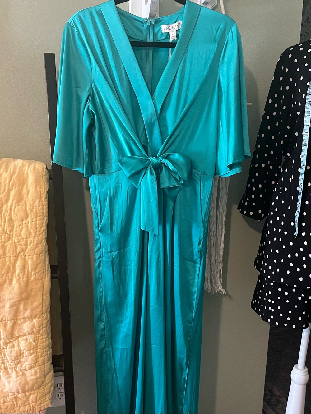 She and Sky Teal Satin Finish Jumpsuit with Front Tie